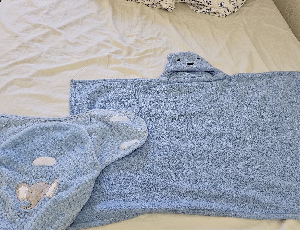 Blue Hooded Baby Towel with Elephant Design
